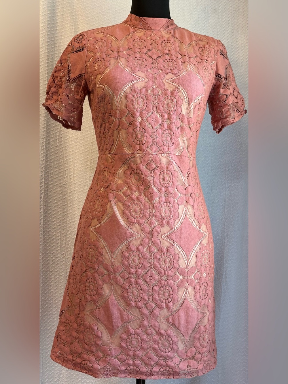 Altar’d State Dusty Rose Mock Neck Lace Mini Dress w/ Geometric Floral Pattern M